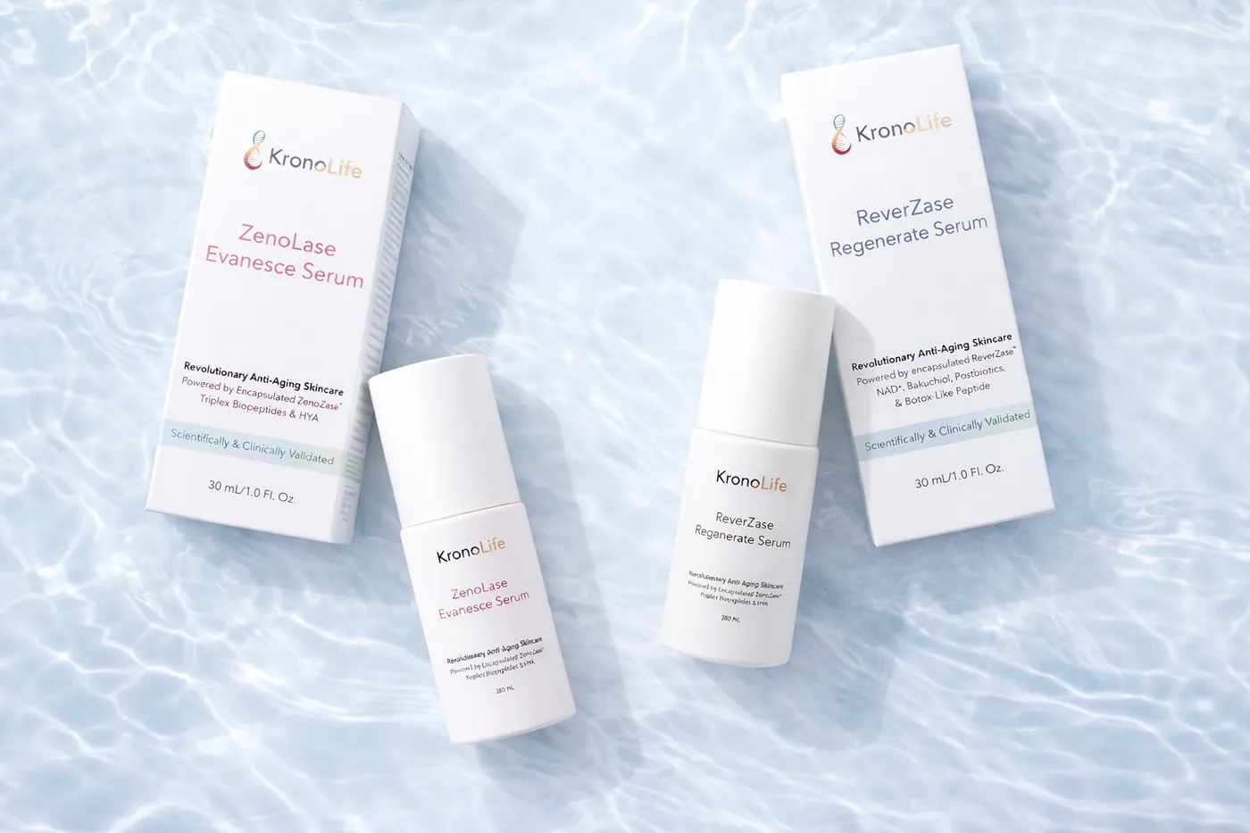 เซรั่ม KronoLife ZenoLase และ ReverZase พร้อมกล่อง วางบนผิวน้ำสีฟ้าใส