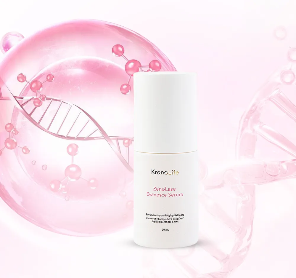 ZenoLase Evanesce Serum ขวดสีขาว บนพื้นหลังโทนชมพูกับเกลียว DNA